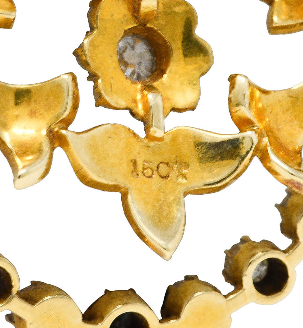 1890's Victorian Pearl Diamond 15 Karat Yellow Gold Floral & Foliate Pendant Wilson's Antique & Estate Jewelry