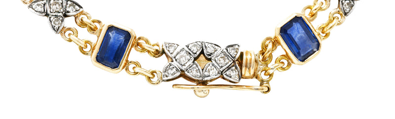 Vintage 15.75 CTW Sapphire Diamond Silver-Topped 18 Karat Yellow Gold Flower Station Necklace Wilson's Estate Jewelry