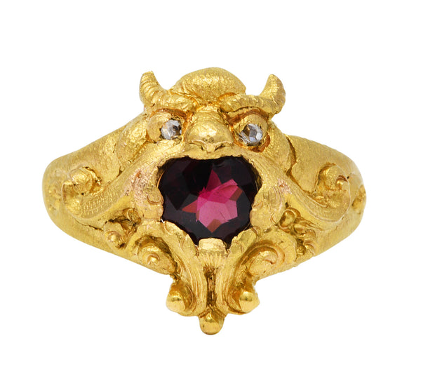 Vintage Garnet Diamond 18 Karat Gold Unisex Gargoyle RingRing - Wilson's Estate Jewelry