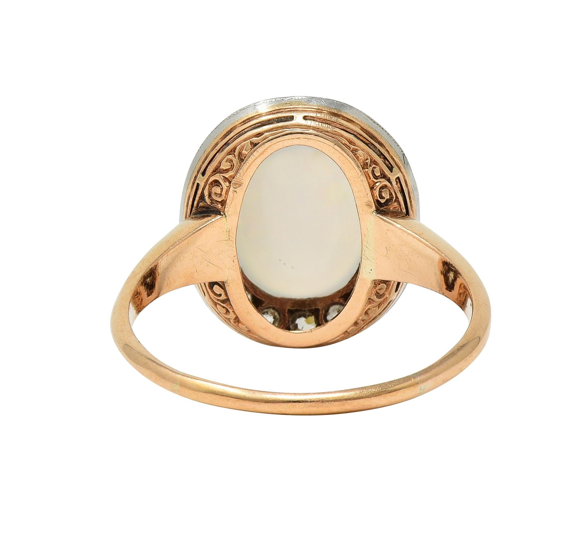 Edwardian Jelly Opal Diamond Platinum 18 Karat Rose Gold Antique Halo Ring