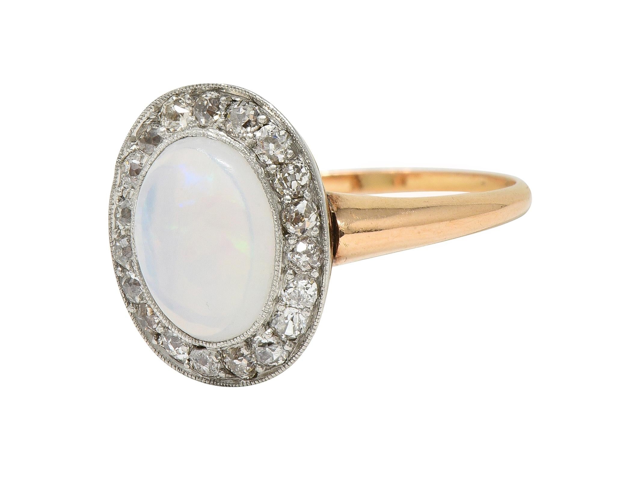 Edwardian Jelly Opal Diamond Platinum 18 Karat Rose Gold Antique Halo Ring