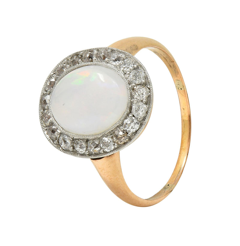 Edwardian Jelly Opal Diamond Platinum 18 Karat Rose Gold Antique Halo Ring