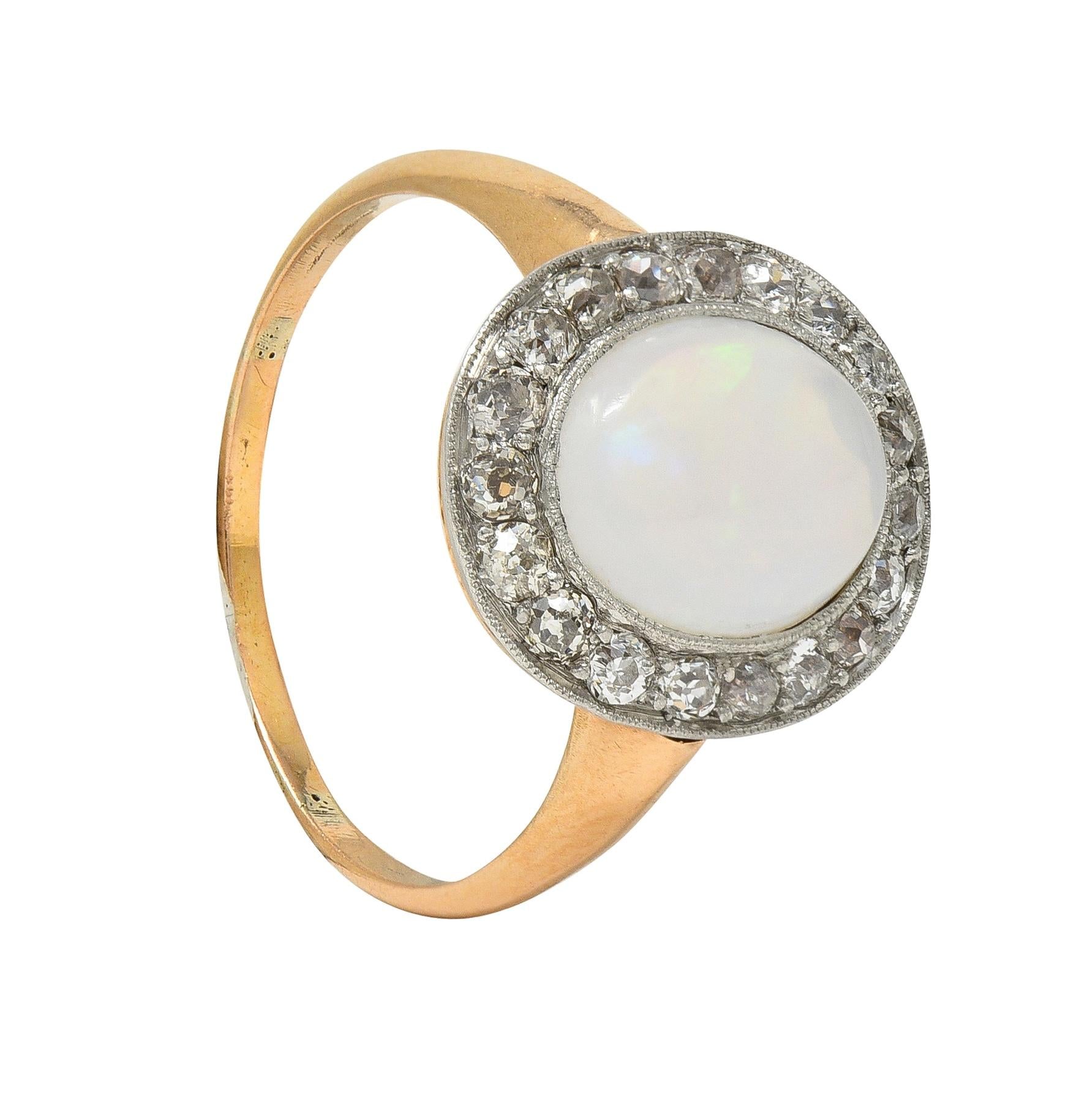 Edwardian Jelly Opal Diamond Platinum 18 Karat Rose Gold Antique Halo Ring