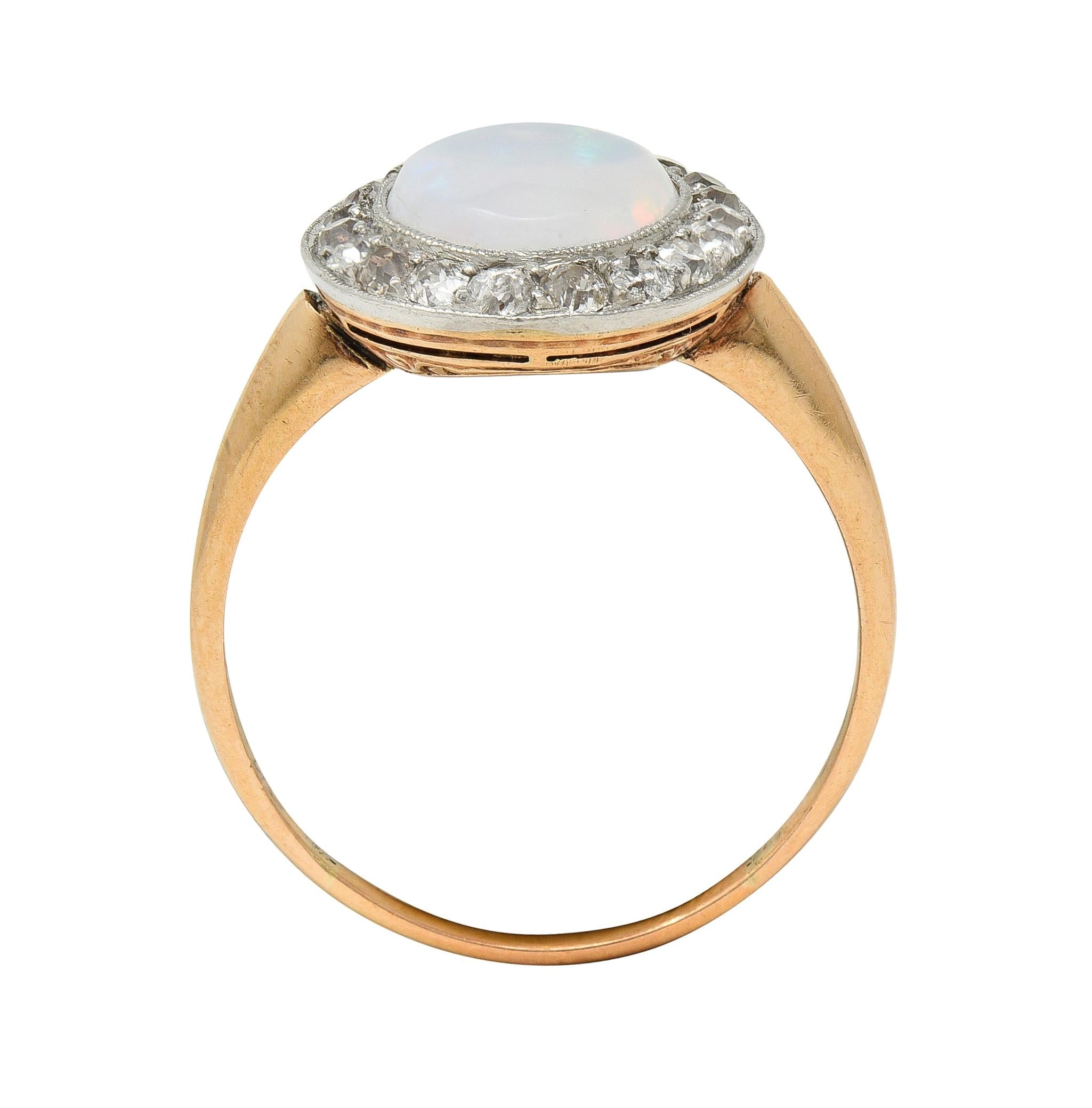 Edwardian Jelly Opal Diamond Platinum 18 Karat Rose Gold Antique Halo Ring