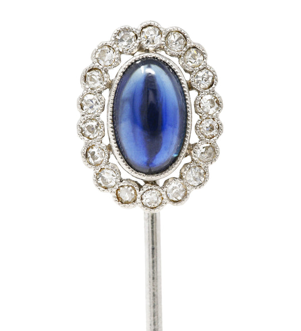 Art Deco 1.65 CTW Sapphire Cabochon Diamond Halo Platinum Vintage Stickpin Wilson's Estate Jewelry