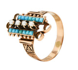 Victorian Etruscan Revival Pearl Turquoise 14 Karat Rose Gold Ring Wilson's Estate Jewelry