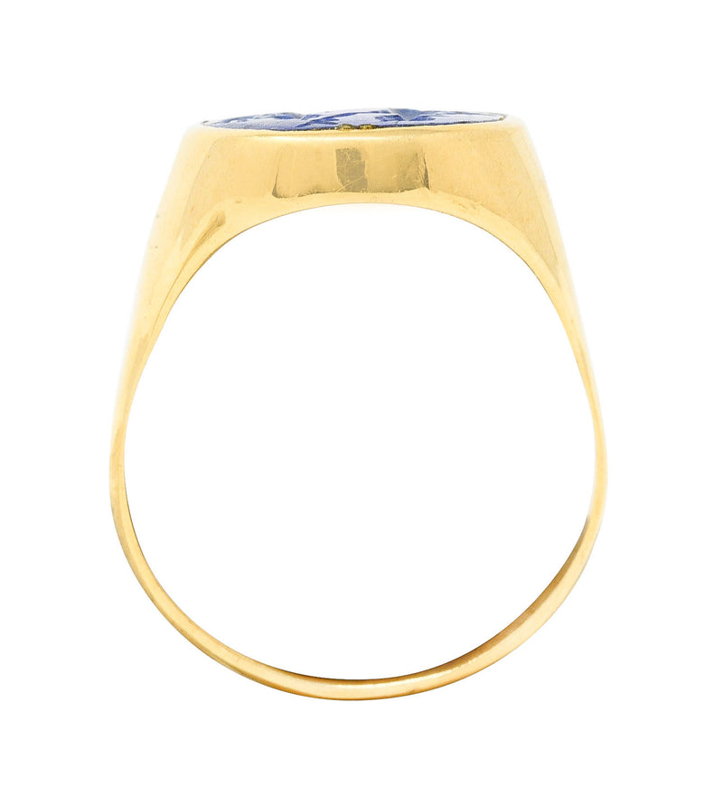 Vintage Italian Lapis Lazuli 18 Karat Yellow Gold Unisex Intaglio Signet Ring Wilson's Estate Jewelry