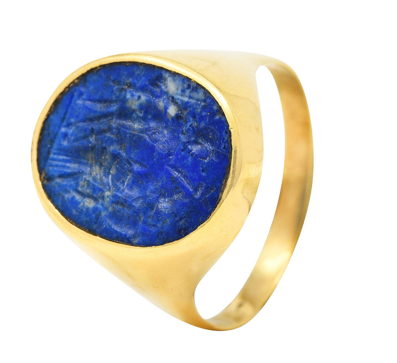 Vintage Italian Lapis Lazuli 18 Karat Yellow Gold Unisex Intaglio Signet Ring Wilson's Estate Jewelry