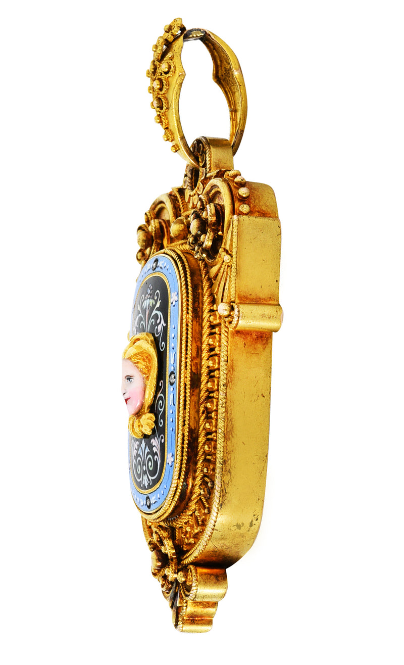1870's Baroque Enamel Diamond 14 Karat Gold Mourning Locket Pendantcharm - Wilson's Estate Jewelry