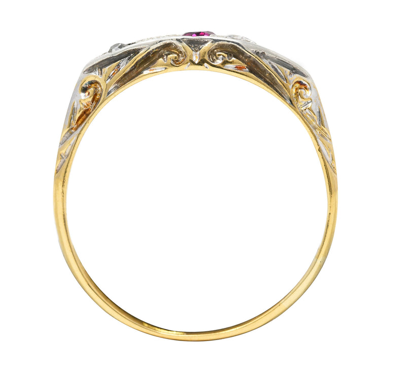 Edwardian Ruby Old European Cut Diamond Platinum-Topped 18 Karat Yellow Gold Scroll Antique Five Stone Band Ring Wilson's Estate Jewelry