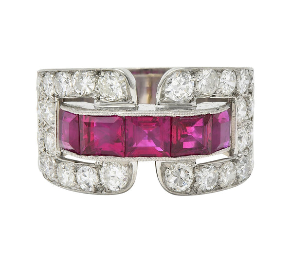 Art Deco French 3.81 CTW Ruby Diamond Platinum Vintage Buckle Band Ring