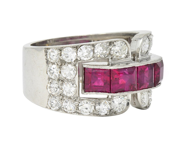Art Deco French 3.81 CTW Ruby Diamond Platinum Vintage Buckle Band Ring