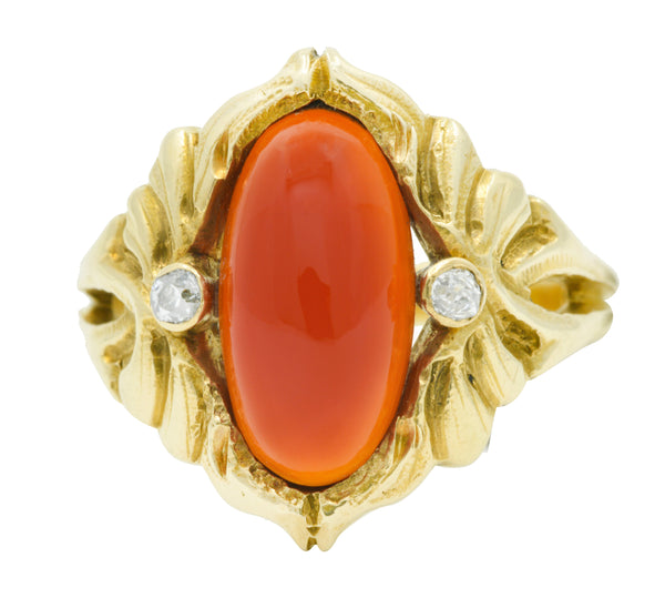 Art Nouveau Carnelian Diamond 14 Karat Gold Foliate Whiplash RingRing - Wilson's Estate Jewelry