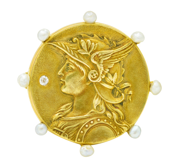 Art Nouveau Diamond Pearl 14 Karat Gold Athena BroochBrooch - Wilson's Estate Jewelry