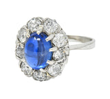 Art Deco 3.52 CTW Sapphire Cabochon Diamond 18 Karat White Gold Halo Ring