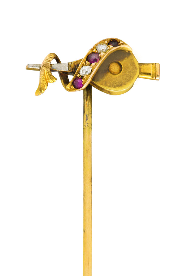 Victorian Ruby Diamond 14 Karat Yellow Gold Fireplace Bellow Stickpin Wilson's Estate Jewelry