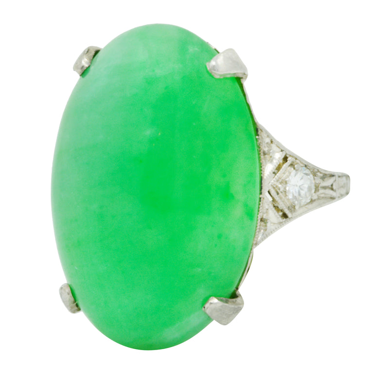 1930's Art Deco Jadeite Jade Diamond Platinum Cabochon Ring GIARing - Wilson's Estate Jewelry