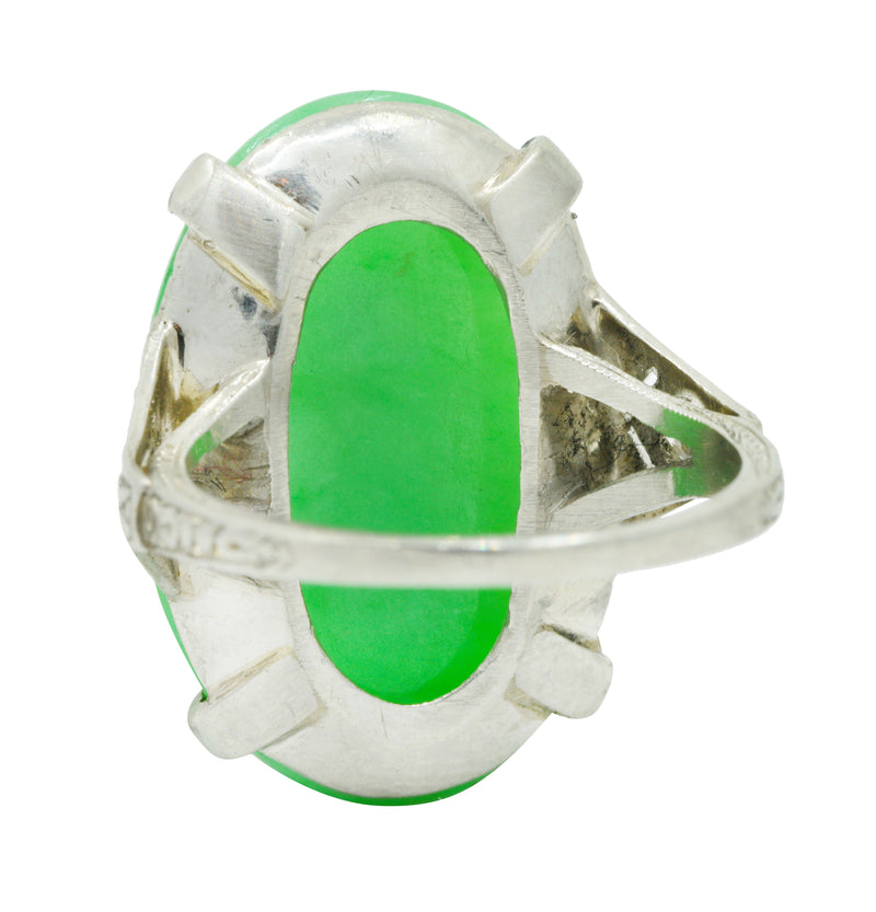 1930's Art Deco Jadeite Jade Diamond Platinum Cabochon Ring GIARing - Wilson's Estate Jewelry