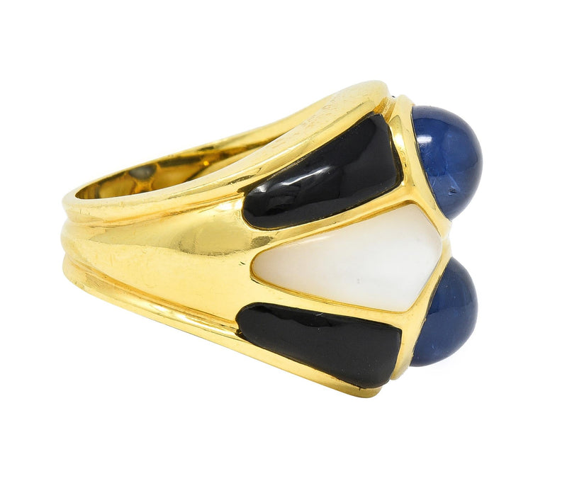 1980's 8.80 CTW Sapphire Onyx Mother-Of-Pearl 18 Karat Gold Wide Band Ring