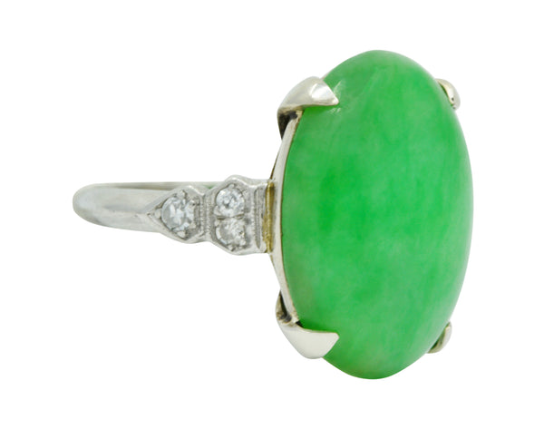 Art Deco Jadeite Jade Diamond Platinum Cabochon Ring GIARing - Wilson's Estate Jewelry