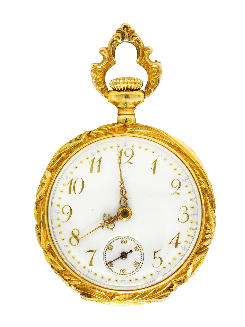 Art Nouveau Guilloche Enamel Diamond Demantoid Garnet 18 Karat Gold Dragonfly Watch Wilson's Estate Jewelry