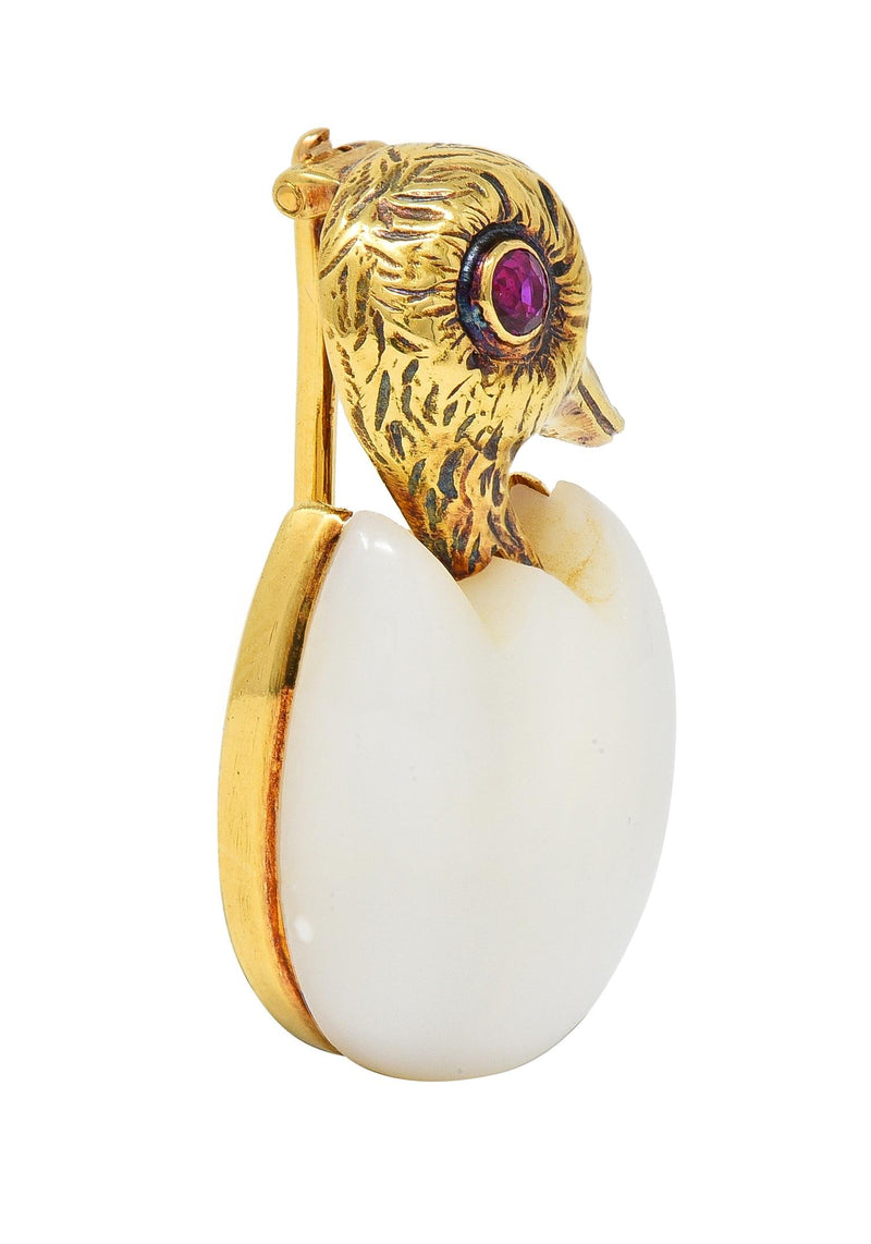 Cartier France 1960's Ruby Chalcedony 18 Karat Yellow Gold Hatching Bird Brooch