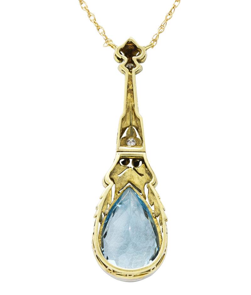 Art Deco Aquamarine Diamond Platinum 14 Karat Yellow Gold Pendant Station Necklace Wilson's Estate Jewelry
