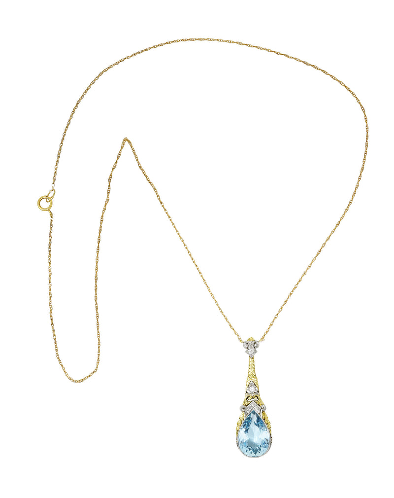 Art Deco Aquamarine Diamond Platinum 14 Karat Yellow Gold Pendant Station Necklace Wilson's Estate Jewelry