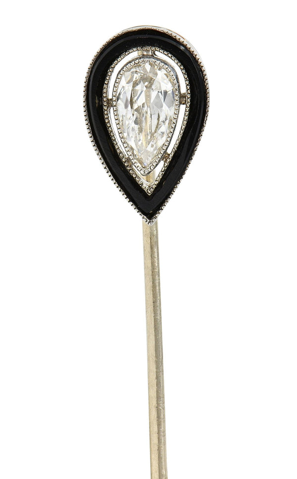 Art Deco Pear Cut Diamond Onyx Platinum Vintage Stickpin