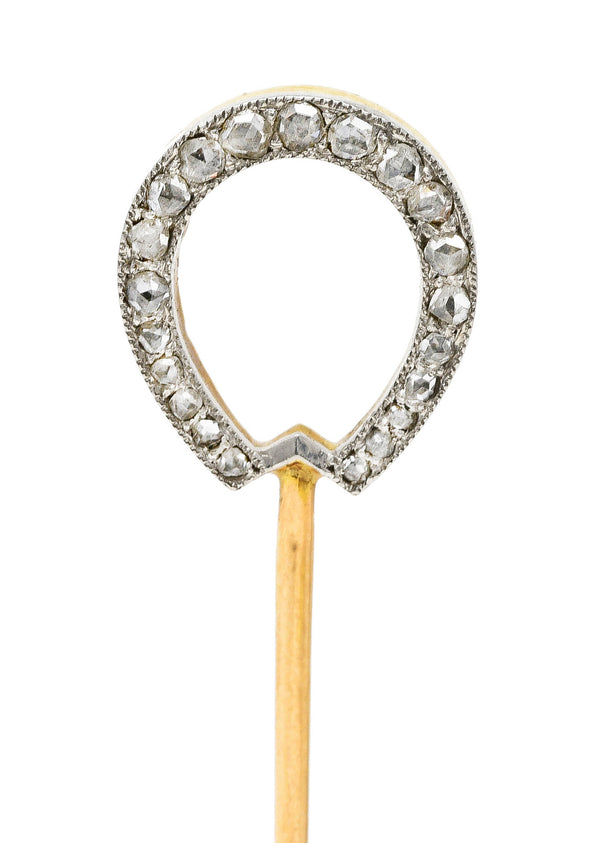 Edwardian 0.70 CTW Diamond Emerald Platinum-Topped 18 Karat Gold Reversible Horseshoe Stickpin Wilson's Estate Jewelry