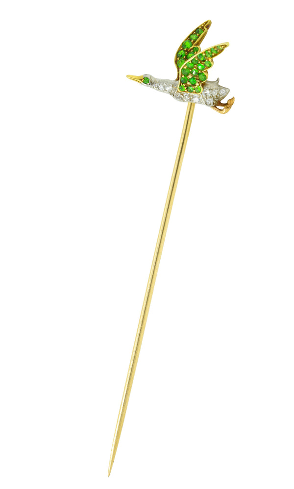 Edwardian Diamond Demantoid Garnet Platinum-Topped 18 Karat Gold Goose StickpinStick Pin - Wilson's Estate Jewelry