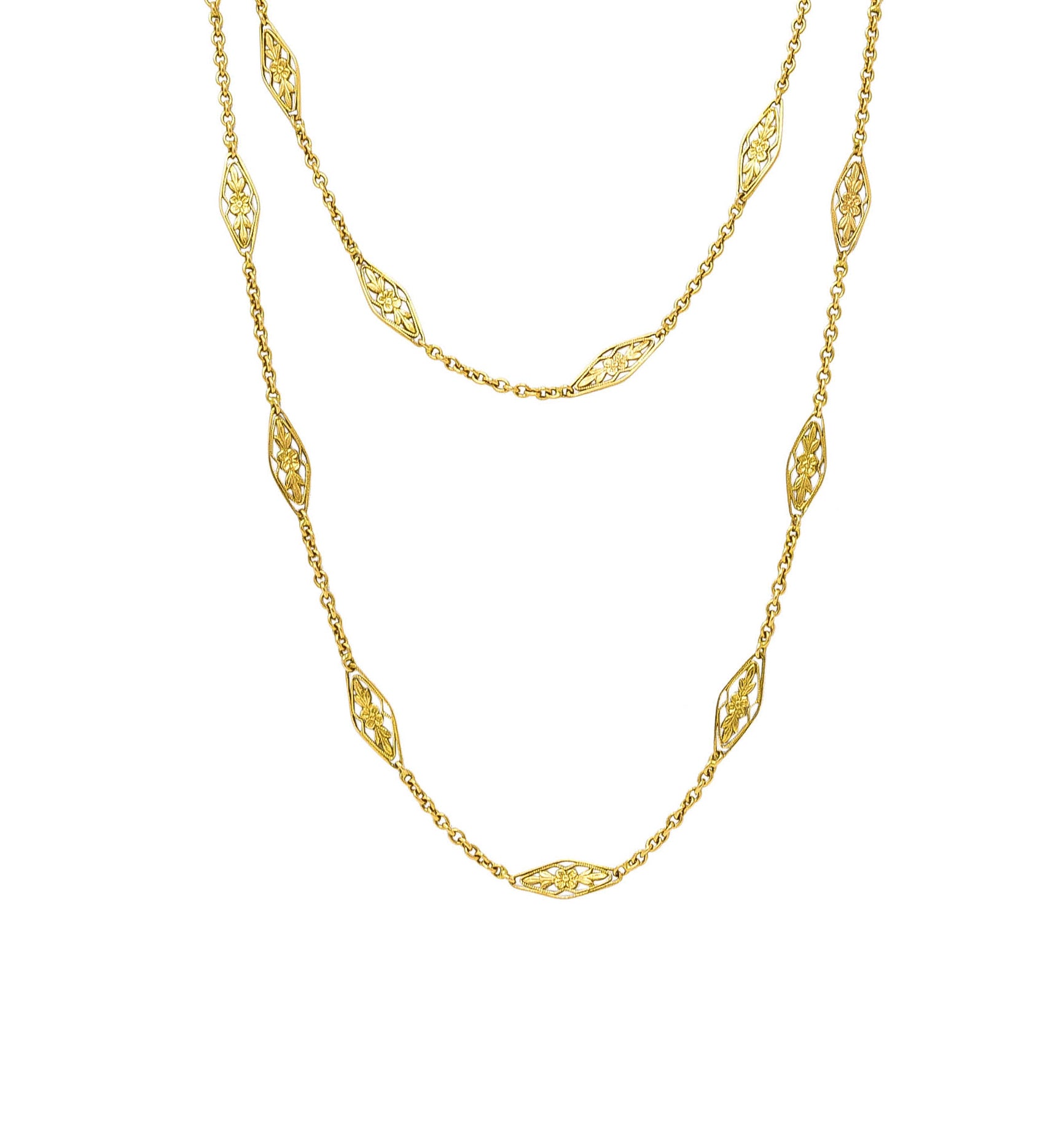 French Victorian 18 Karat Yellow Gold Orange Blossom Floral Navette Link 40 1/2 IN Long Antique Chain Necklace Wilson's Estate Jewelry
