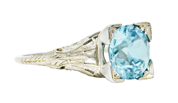 1930's Art Deco 3.93 CTW Blue Zircon 18 Karat White Gold Engagement Ring Wilson's Estate Jewelry