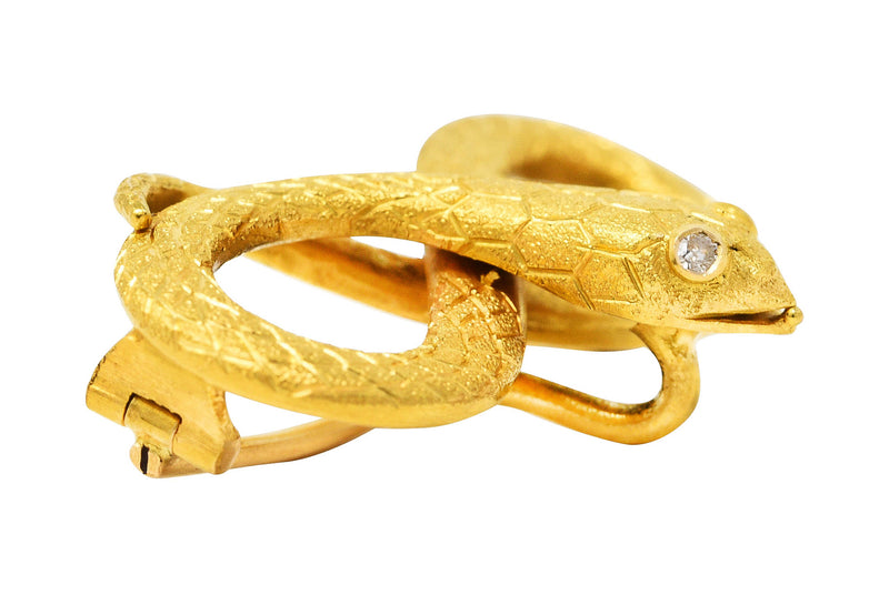 Victorian Diamond 18 Karat Yellow Gold Infinity Love Knot Antique Snake Brooch Wilson's Estate Jewelry