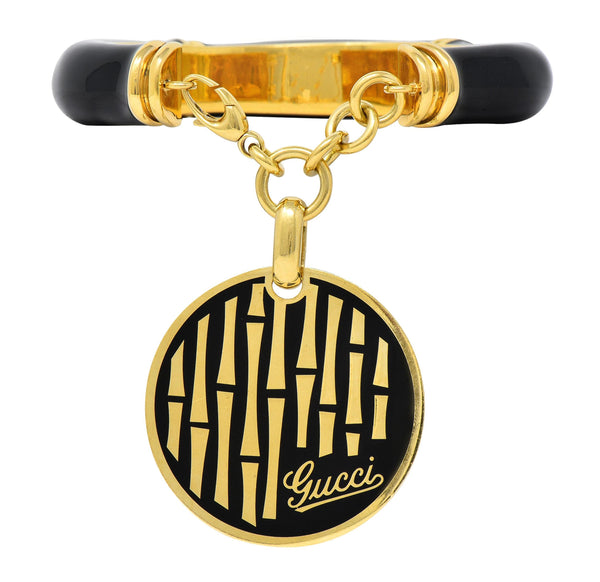 Gucci Vintage Black Enamel 18 Karat Yellow Gold Bamboo Cuff Charm Bracelet
