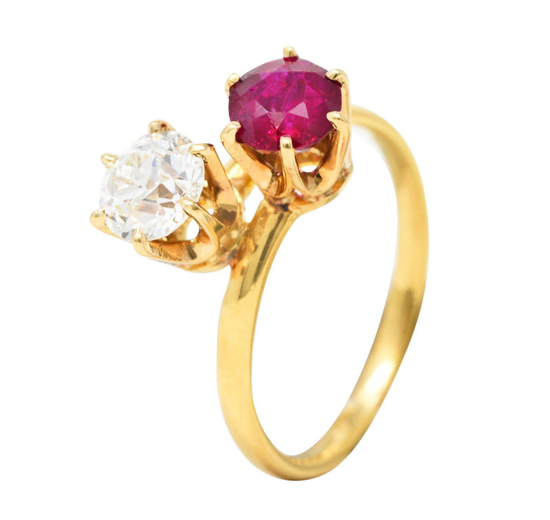 Tiffany & Co. Victorian 1.08 CTW Ruby Old European Cut Diamond Antique Toi Et Moi Bypass Ring Wilson's Estate Jewelry