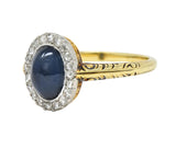 Edwardian 2.42 CTW Sapphire Cabochon Diamond Platinum 14 Karat Gold Halo Ring