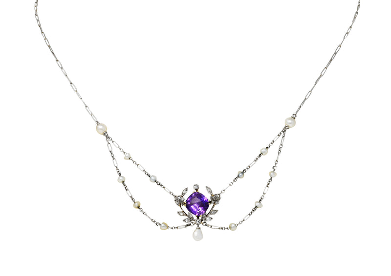 Edwardian Amethyst Diamond Pearl Platinum-Topped 18 Karat Gold Swag NecklaceNecklace - Wilson's Estate Jewelry