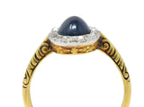 Edwardian 2.42 CTW Sapphire Cabochon Diamond Platinum 14 Karat Gold Halo Ring