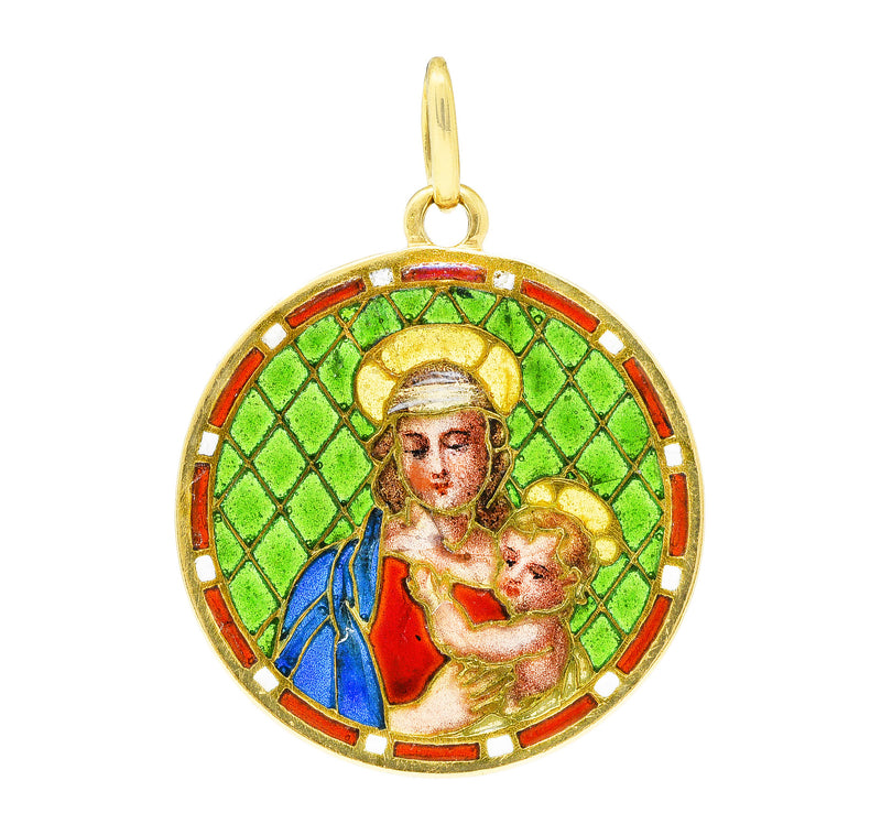 French Art Nouveau Plique-A-Jour Enamel 18 Karat Yellow Gold Madonna And Child Antique Pendant Wilson's Estate Jewelry