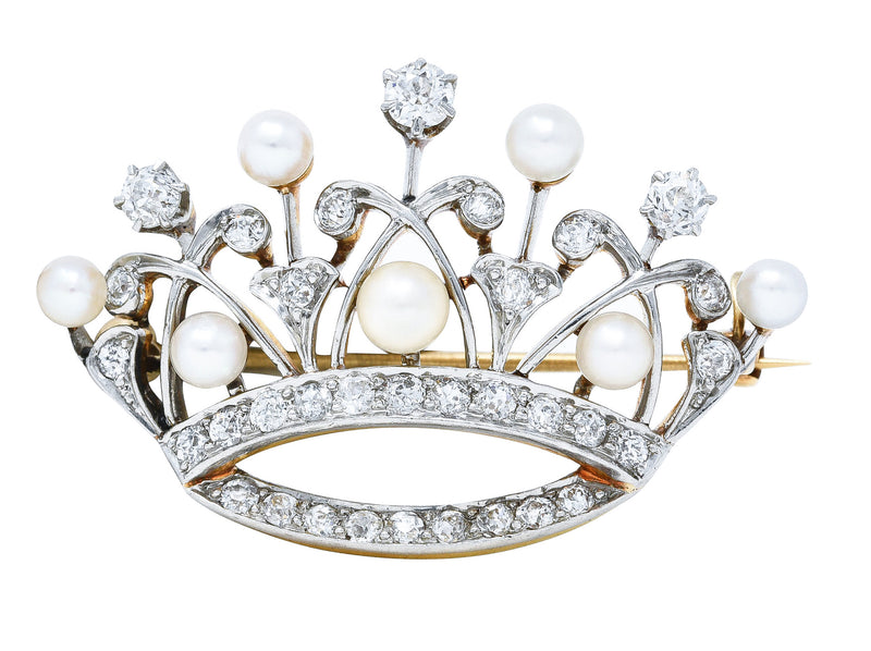 Edwardian 1.25 CTW Diamond Pearl Platinum-Topped 18 Karat Gold Crown Brooch Wilson's Estate Jewelry