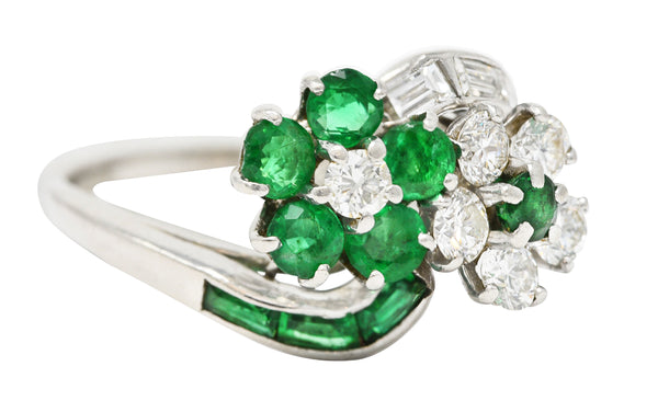 Mid-Century 1.75 CTW Emerald Diamond Platinum Floral Vintage Bypass Ring Wilson's Estate Jewelry