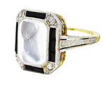 Art Deco Diamond Onyx Moonstone Platinum-Topped 18 Karat Yellow Gold Wheat Ring Wilson's Estate Jewelry