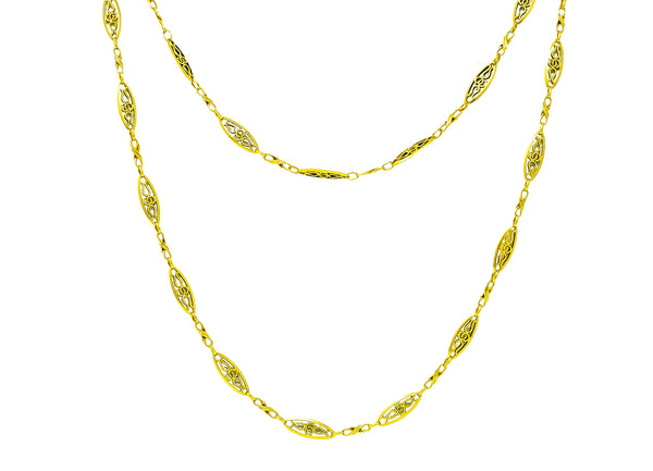French Victorian 18 Karat Yellow Gold Filigree Navette 62 Inch Long Antique Chain Necklace Wilson's Estate Jewelry