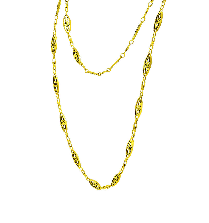 French Victorian 18 Karat Yellow Gold Filigree Navette 62 Inch Long Antique Chain Necklace Wilson's Estate Jewelry