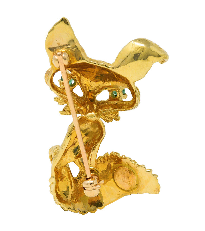 1960's Vintage Emerald 18 Karat Yellow Gold Modernist Animal Fox Brooch Wilson's Estate Jewelry