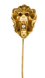 Art Nouveau Diamond 14 Karat Yellow Gold Lion Stickpin Wilson's Estate Jewelry