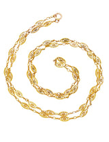 French Victorian 18 Karat Yellow Gold Scroll Navette Long Chain Antique Necklace Wilson's Estate Jewelry