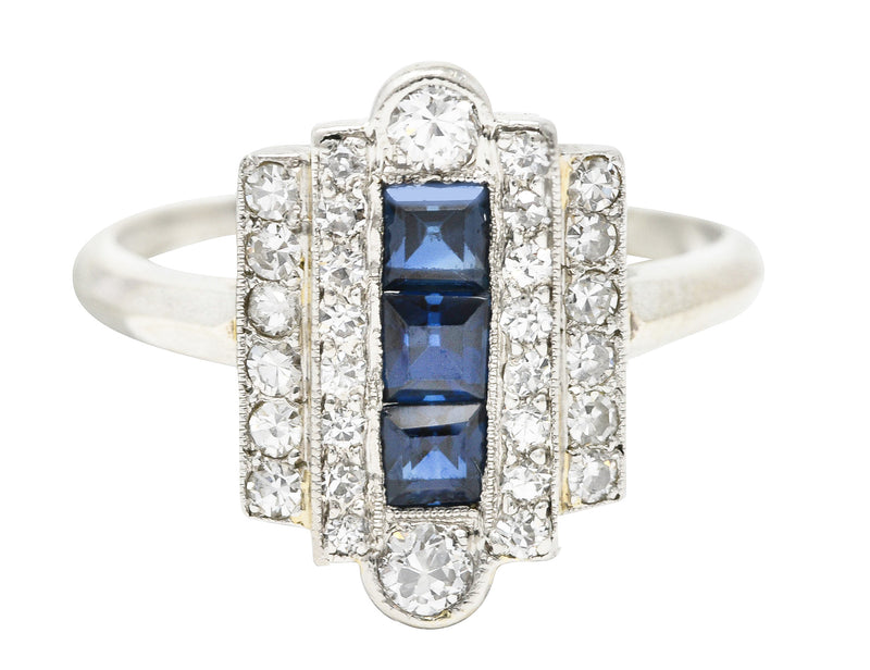 Art Deco 1.09 CTW Square Step Cut Sapphire Diamond 14 Karat White Gold Stepped Dinner Ring Wilson's Estate Jewelry