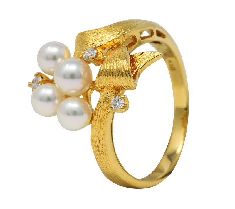 Mikimoto Diamond Pearl 18 Karat Gold Ribbon RingRing - Wilson's Estate Jewelry